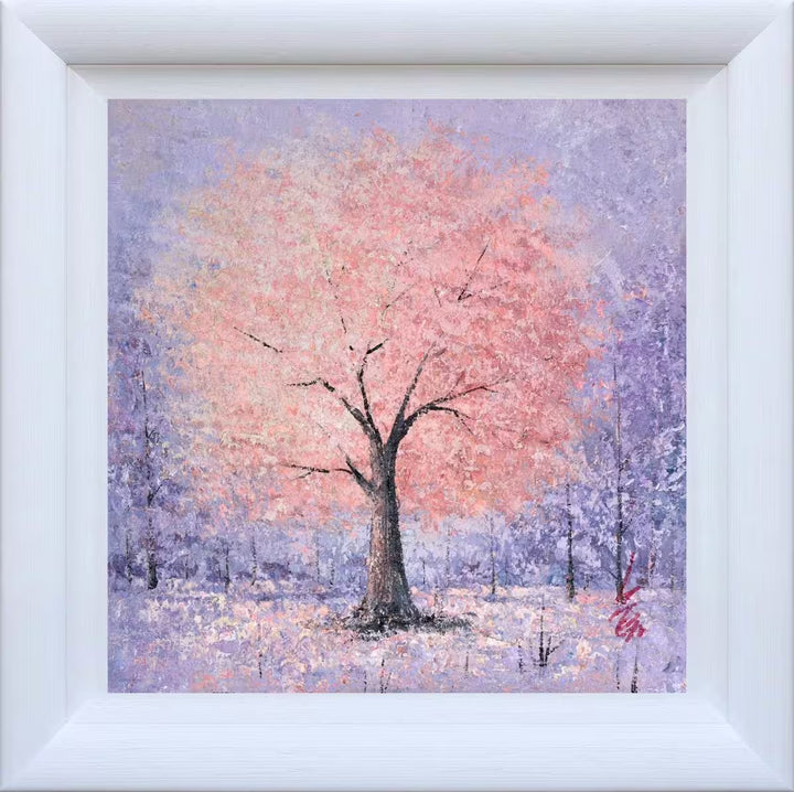 Framed artwork of a tree with pink blossoms on a purple background, Secret Woodland by Inam