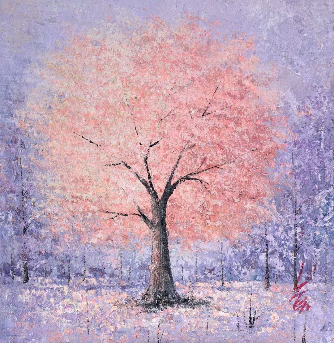 Painting of a tree with pink blossoms against a snowy landscape, Secret Woodland by Inam