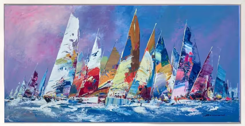 Colorful sailboats on a blue background, Serenity on the Sea II by Bernard