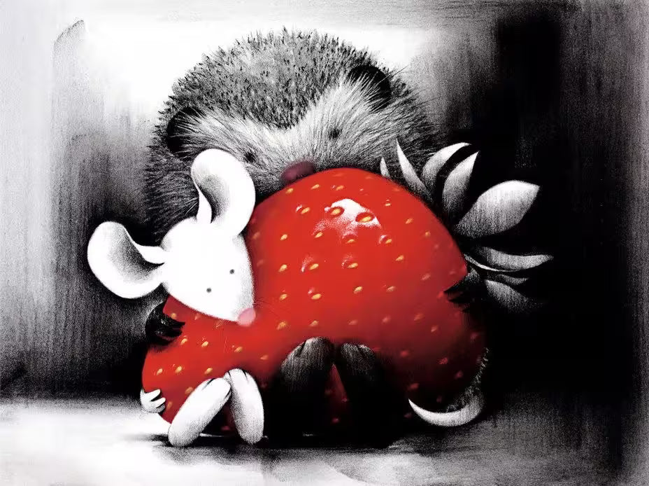 A Doug Hyde limited edition print of a hedgehog and mouse sat with a big strawberry on their laps, the title is Sharing is Caring