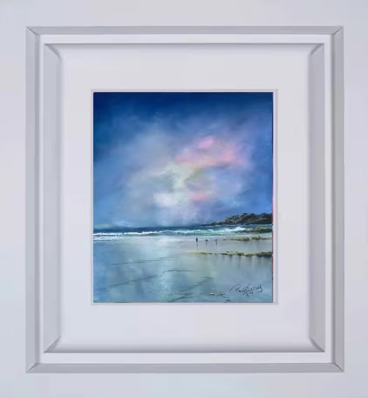 A Philip Gray framed original of a purple dusky sky and the tide coming into the beach with a person walking a couple dogs, the title is Shoreline Stroll