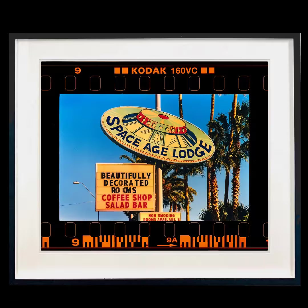 A framed limited edition photograph by Richard Heeps using vibrant colours, the title is On the Road Space Age Lodge, Gila Bend, Arizona, 2001