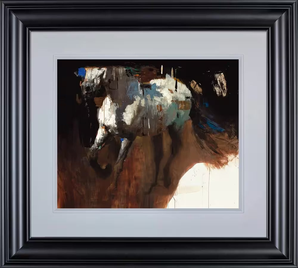 A framed limited edition piece by Christian Hook of a horse in motion with the top of its face cut off, the title is The Struggle For Existence III