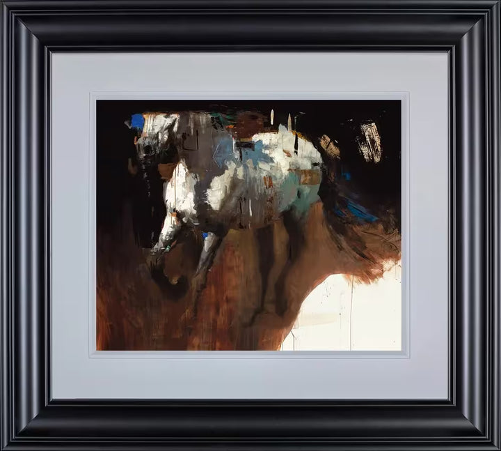 A framed limited edition piece by Christian Hook of a horse in motion with the top of its face cut off, the title is The Struggle For Existence III
