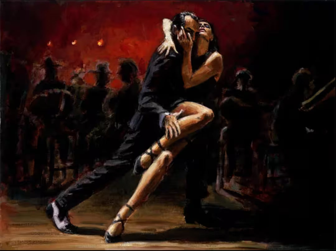 A Fabian Perez limited edition of a couple doing the tango, the title is Tango in Red (US)