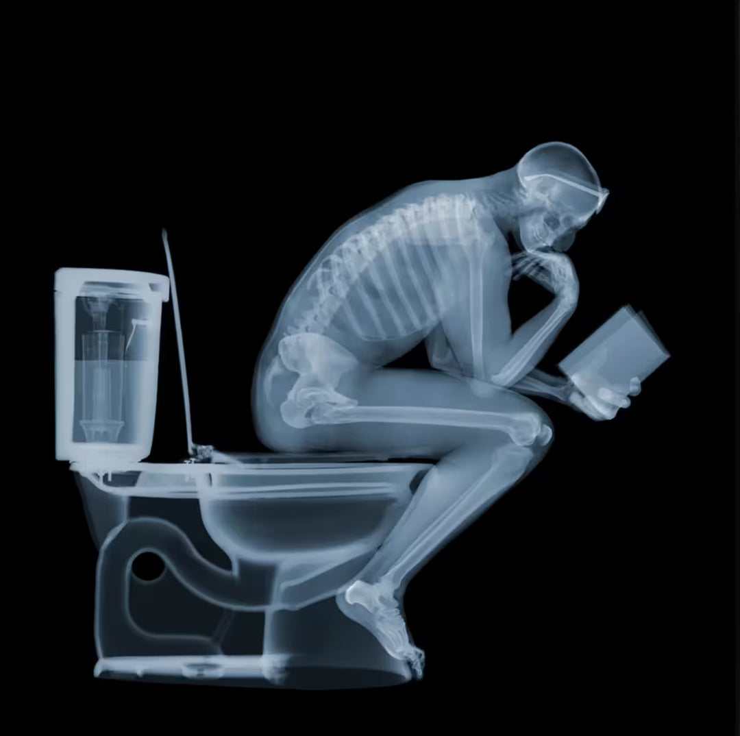 A limited edition Chromaluxe print by Nick Veasey of an X-Rayed a skeleton sat on the toilet in the pose of The Thinker whilst reading a book, the title is The Thinker