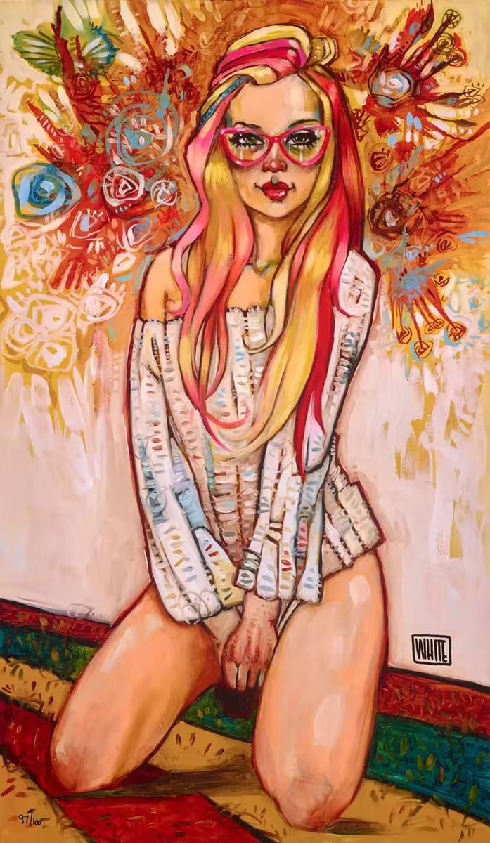 A Todd White limited edition of a woman with pink and blonde hair and glasses on a colourful floor, the title is The Confession