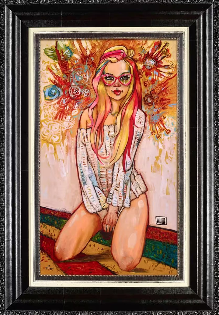 A Todd White framed limited edition of a woman with pink and blonde hair and glasses on a colourful floor, the title is The Confession