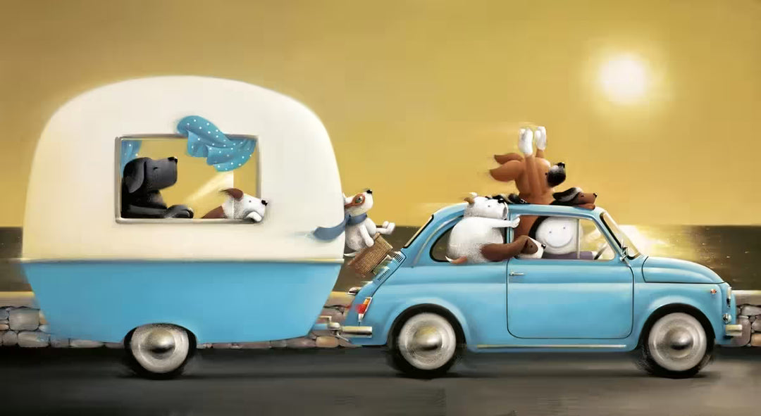 A Doug Hyde limited edition print of a person in a blue car with a trailer on the back driving through a sunset, the car is packed full of dogs, the title is The Great Escape
