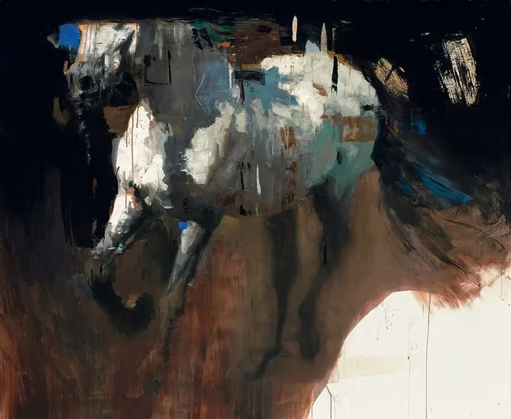 A limited edition piece by Christian Hook of a horse in motion with the top of its face cut off, the title is The Struggle For Existence III