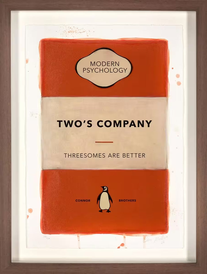 A limited edition framed print by The Connor Brothers of a penguin book cover with a witty line across the front, the title is Two&