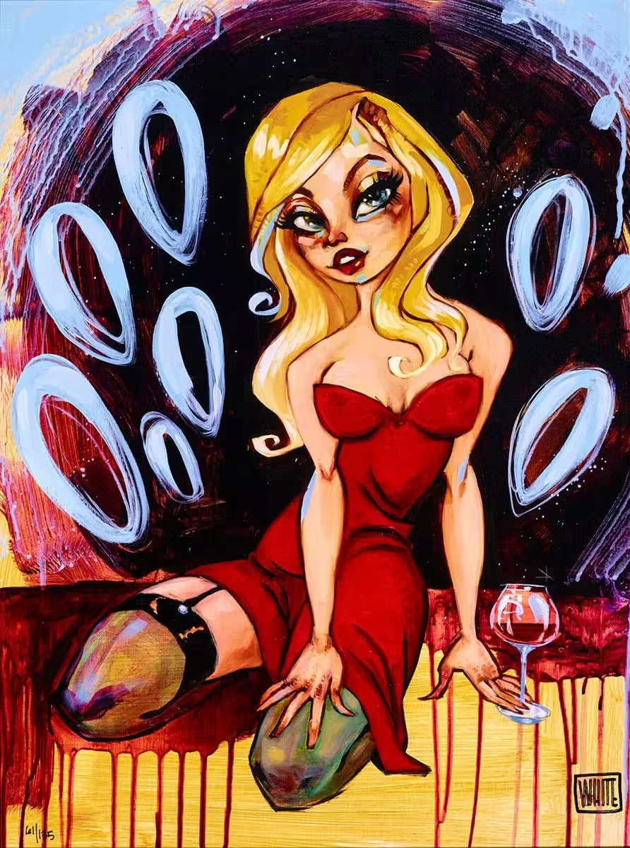 A Todd White limited edition piece of a blonde woman in a red dress and a glass of wine kneeling down, the title is The Voodoo That You Do