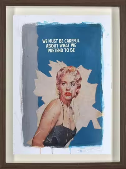 A limited edition framed print by The Connor Brothers of a lady in a dramatic pose with a witty line above her, the title is We Must Be Careful (Blue)
