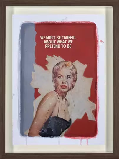 A limited edition framed print by The Connor Brothers of a lady in a dramatic pose with a witty line above her, the title is We Must Be Careful (Red)
