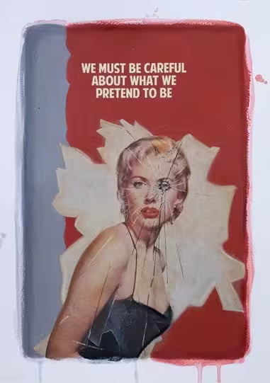 A limited edition print by The Connor Brothers of a lady in a dramatic pose with a witty line above her, the title is We Must Be Careful (Red)