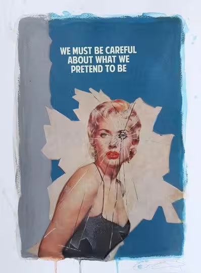 A limited edition print by The Connor Brothers of a lady in a dramatic pose with a witty line above her, the title is We Must Be Careful (Blue)