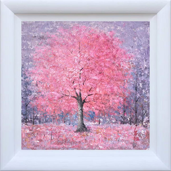 Framed artwork of a pink tree in a field with a white frame, Whispers of the Woodland VI by Inam