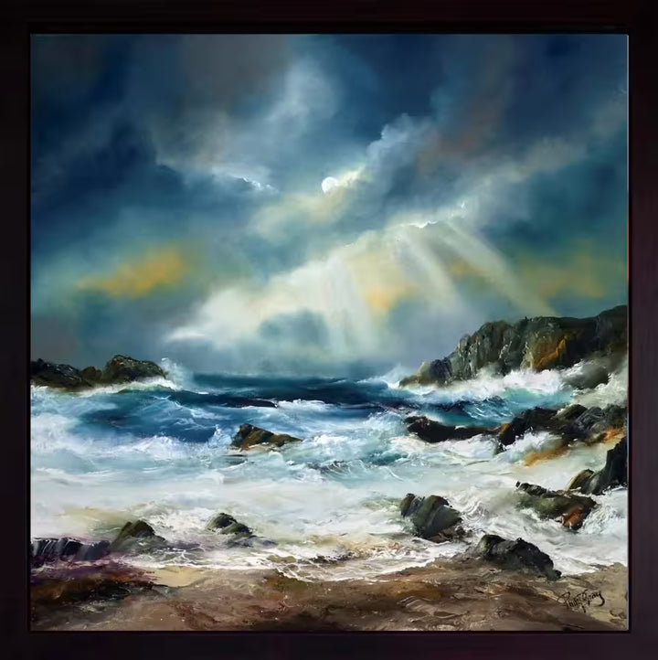 A Philip Gray framed original of a blue stormy sky with strong waves crashing into rocks, the title is Wild Waves
