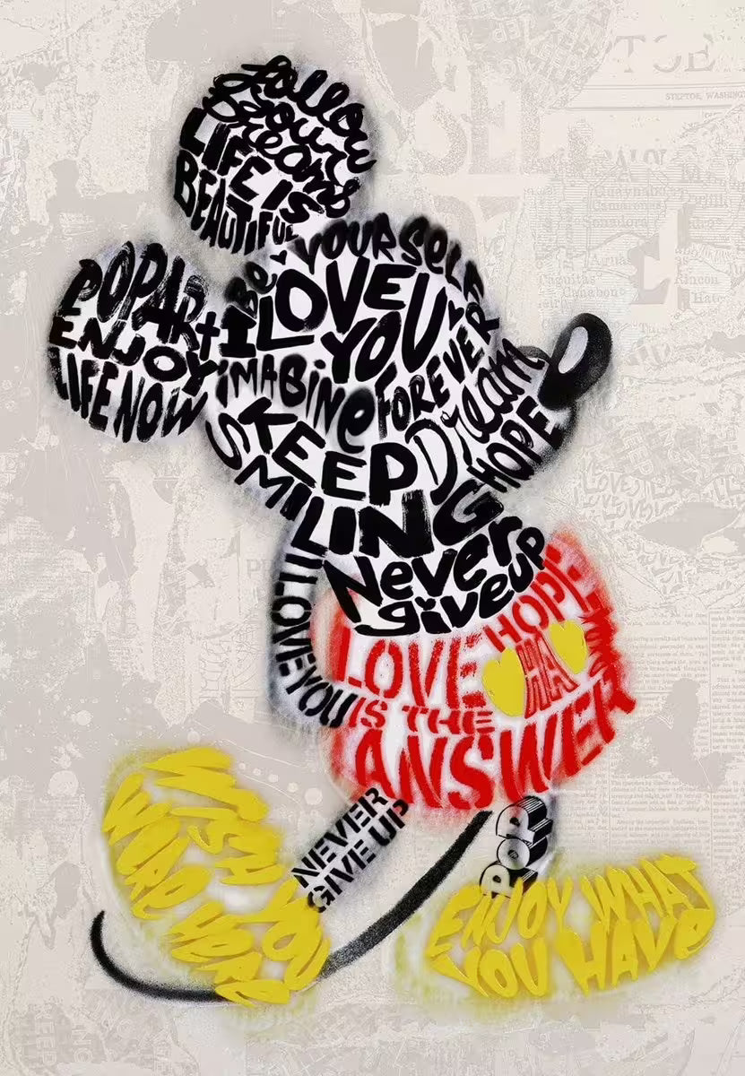 A Mr Brainwash limited edition of a silhouette of Mickey Mouse made up of different words, the title is Written In Love